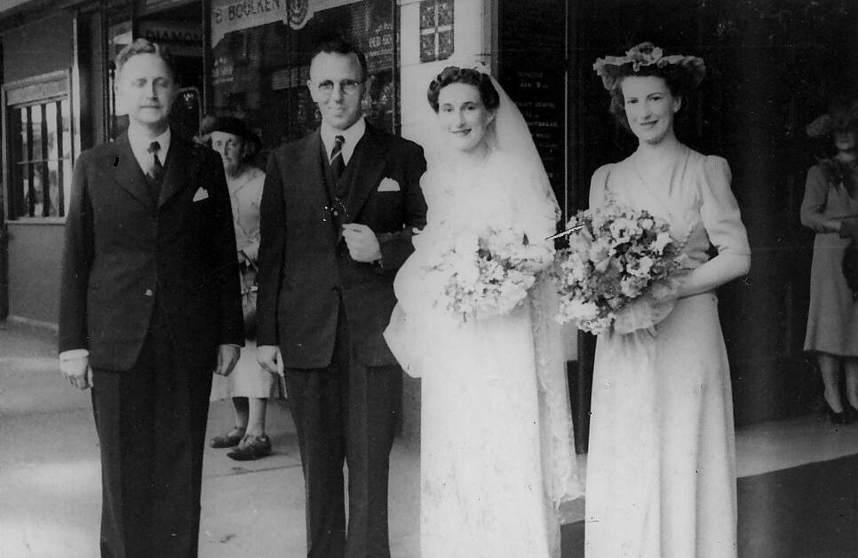 College family: January 8, 1945. Edna, first college librarian and eldest daughter of college founder David Drummond, marries first staff member and now acting warden Jim Belshaw.