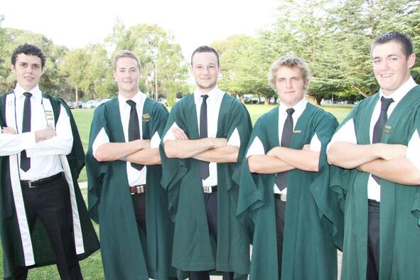 UNITED IN GREEN: Robb College treasurer Jock Tolmie, president, Jack Grant, club captain, Andy Turbane, James Cleaver and vice president Will Chaffey, are all excited about their club’s first grade chances this season in the APJ Law rugby competition.
