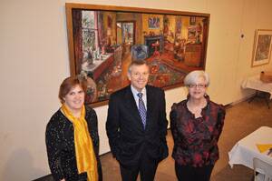 NERAM director, Caroline Downer, Brisbane art dealer Philip Bacon and NERAM Board Chair Meg Larkin, in front of the new acquisition, Margaret Olley’s The Yellow Room Triptych. 