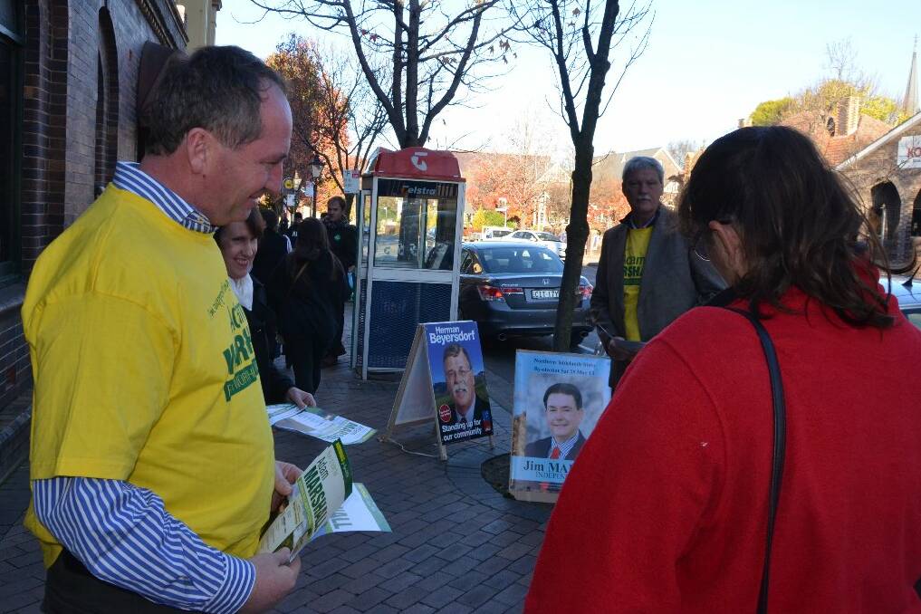Barnaby Joyce meets voters outside Armidale Town Hall.