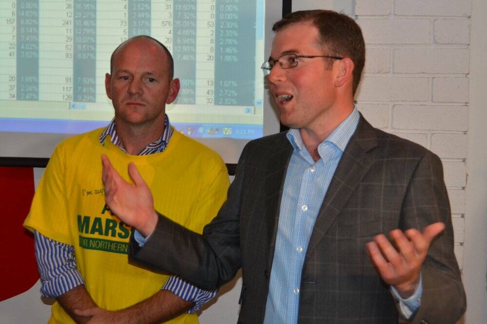 The next Northern Tablelands MP Adam Marshall makes his acceptance speech in Armidale, Niall Blair MLC was there in support.