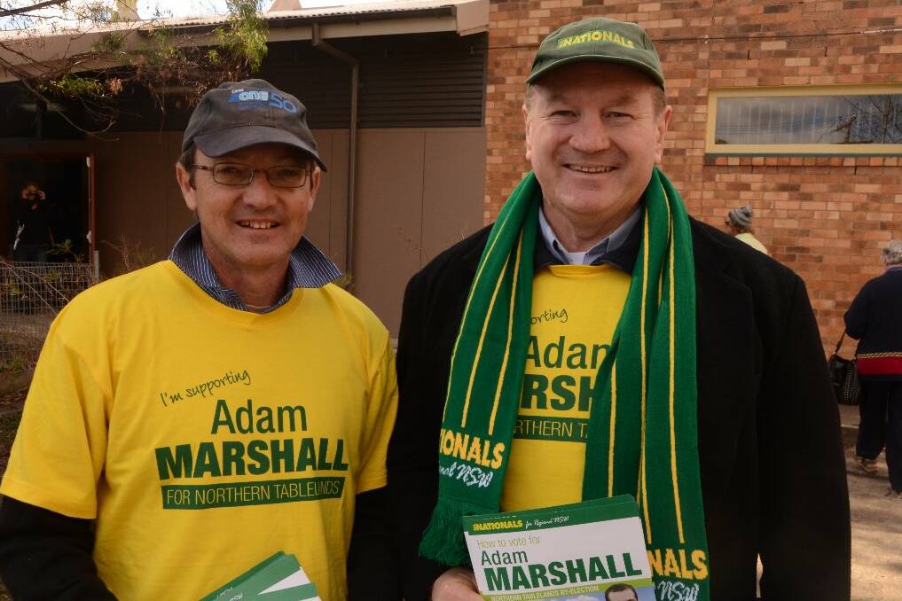 Liberal MLC Scot MacDonald with Myall Lakes MP Stephen Bromhead in Armidale for the Northern Tablelands byelection.