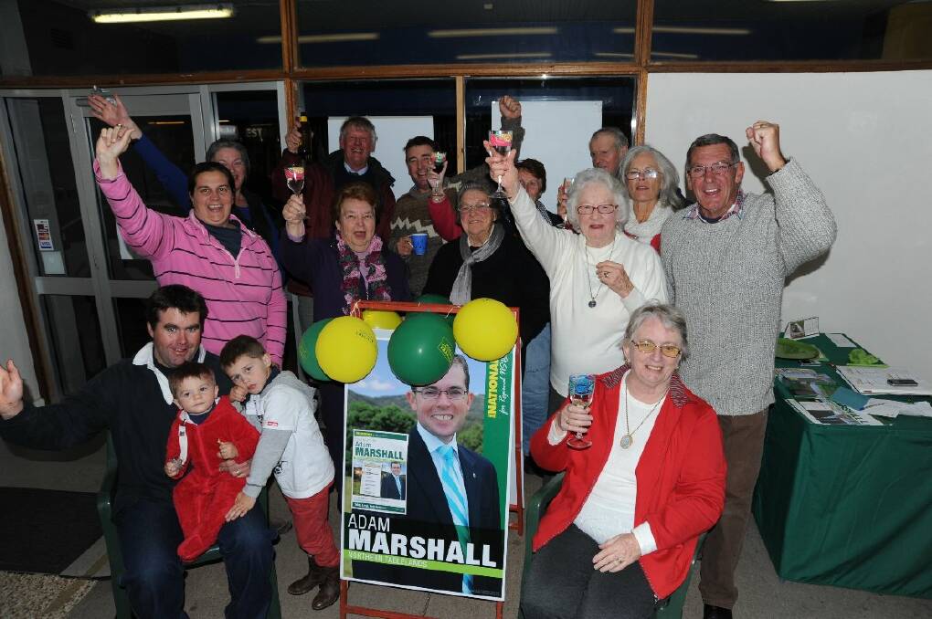 Tenterfield Nationals supporters with an early toast for Adam Marshall. In the day's Tenterfield polling, 1378 votes were cast, 726 of them for Adam Marshall. Behind him was Jim Maher on 244 and Herman Beyersdorf on 142. These did not include pre-polling figures.
