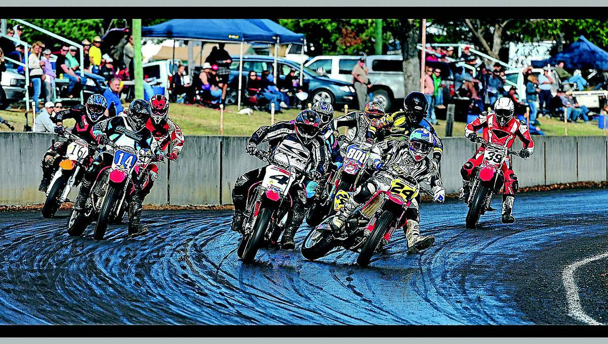 Wingham’s Ian Bisley (no.4) makes his move to the lead in the Pro 450 division during last weekend’s Australian Dirt Track Championships in Gunnedah. It was a drama-fuelled weekend of racing for many involved, particularly a number of local competitors. Photos: Rod Smart, The Northern Daily Leader