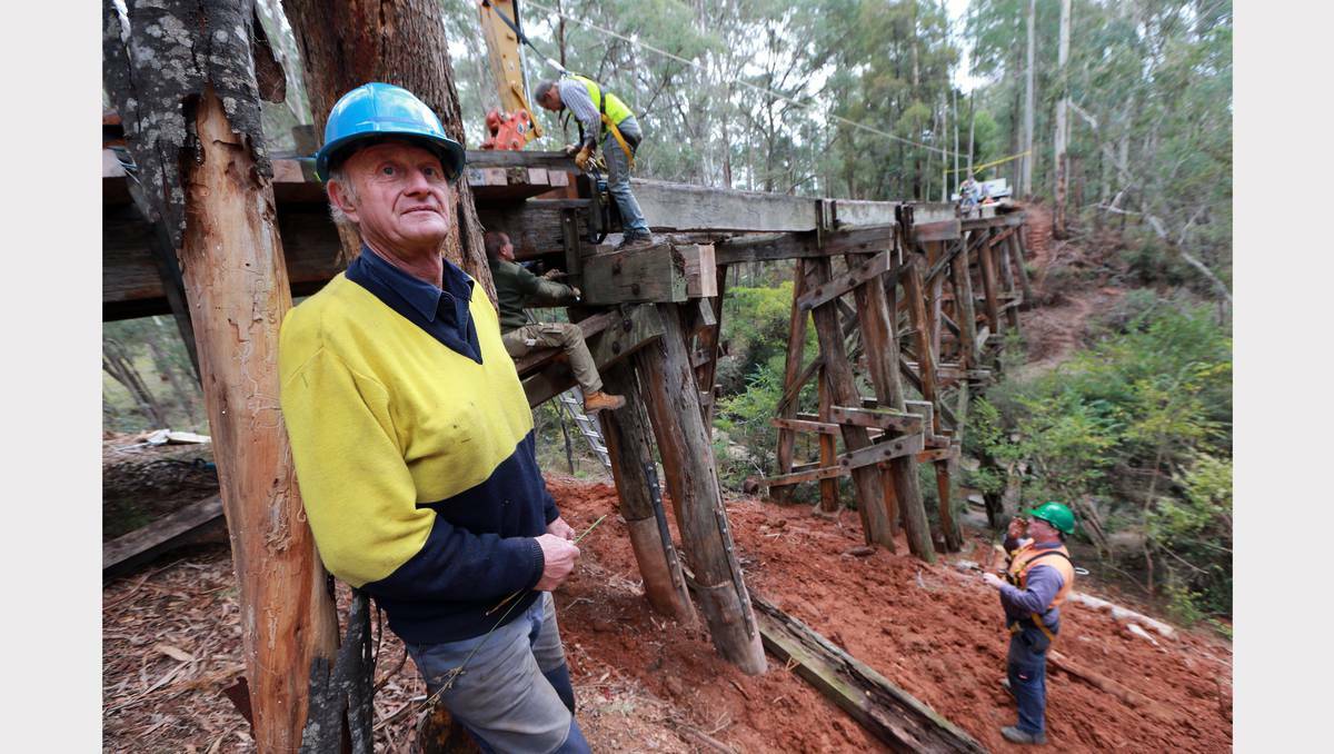 Phil Coulston of Tallangatta worked on this bridge when he was in his early twenties, and has returned to volunteer on the current repairs. Picture: John Russell, The Border Mail