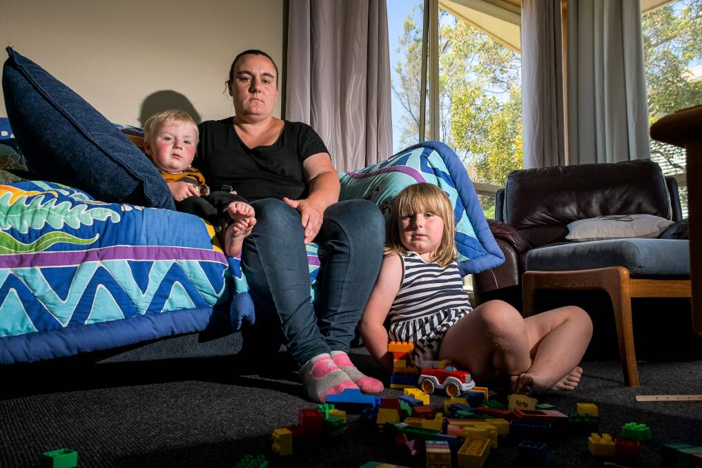 RENTAL WOES: Lillian Phillis and her children Greyson, 2, and Tilly, 5 have been bouncing around rental properties for four months - struggling to find anywhere to rent in the greater Devonport area. Picture: Simon Sturzaker