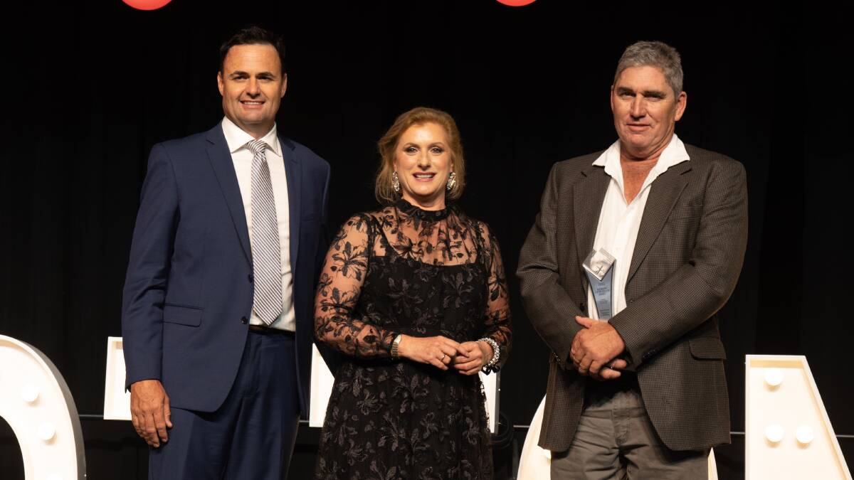 Grain Growers director Nigel Corish and AgriRisk agriculture manager Deidre McCallum with high achiever of the year Bruce Connolly, Tipperary Station, Daly River, NT. 