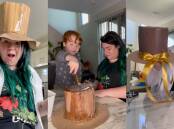 TikTok-famous mum Nat Alise and her son Malachi make a Willy Wonka hat for Book Week in a series of videos for her 2.4 million followers. Photos: TikTok @nat.alise
