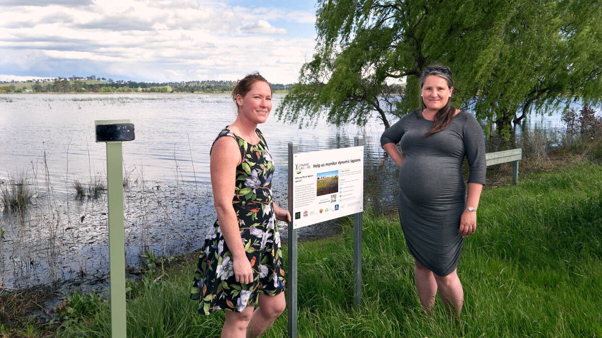 TAKE A SNAP: UNE ecologists Dr Deborah Bower and Dr Manu Saunders at their Dangaars Lagoon citizen science photo point. Photo: Supplied