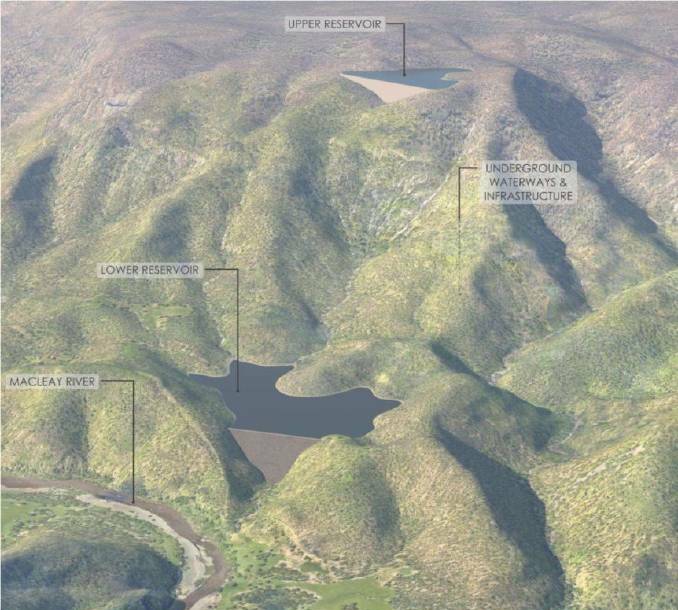A graphic impression of the planned Oven Mountain pumped hydro project, midway between Kempsey and Armidale. Image: supplied