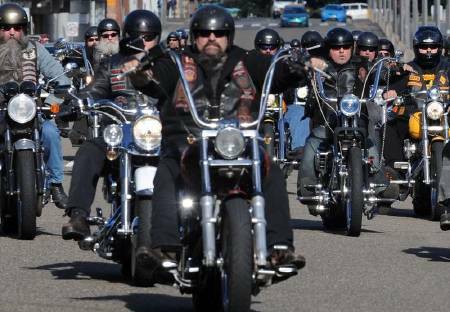 Bikies riding in formation. Picture by Dean Lewins/AAP PHOTOS
