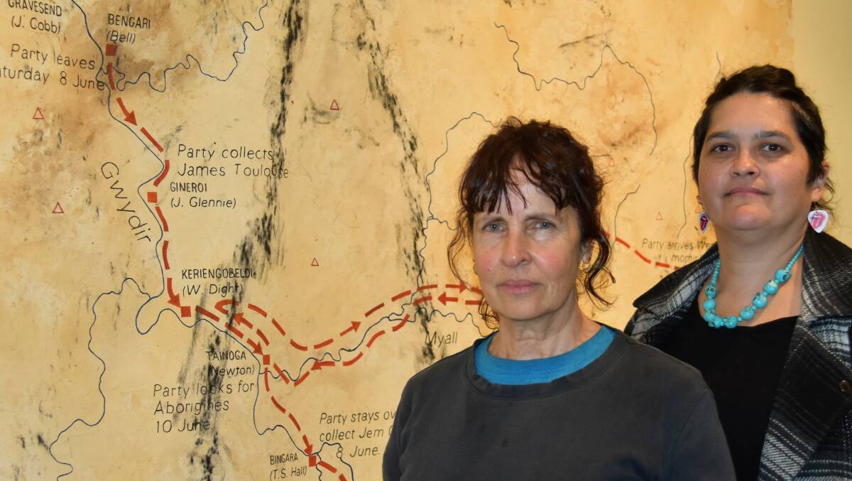 MEMORY: Artist Judy Watson and guest curator Bianca Beetson at NERAM during the installation of the Myall Creek and beyond exhibit.