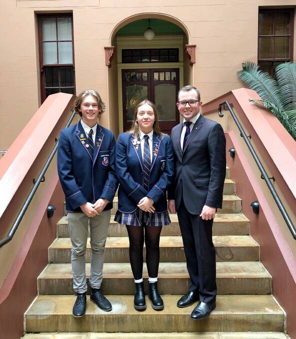 VISIT: State MP Adam Marshall on the steps of State Parliament with Armidale High School captains Lachlan Jones and Charlotte Russell. 
