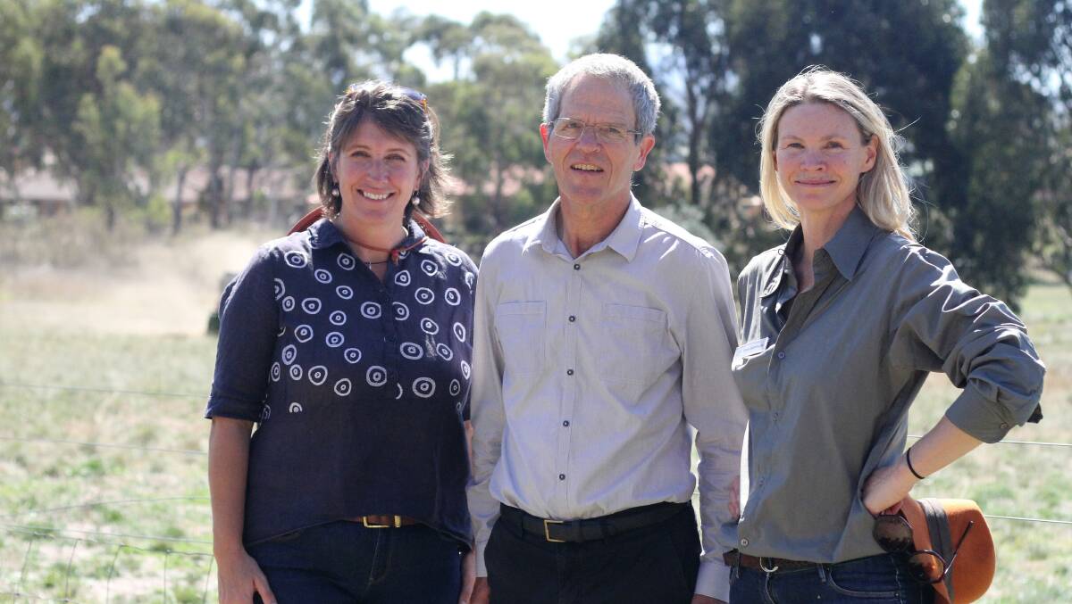 GROWTH: Armidale High agriculture teacher Rebecca Smith, agronomist Maarten Stapper and Landcare's Sara Schmude at the event at Armidale High School on Tuesday. Picture: Meg Francis