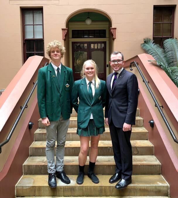 POLITICS: Duval High School captains Dylan Ramsay and Isabelle Winter with Mr Marshall during the Secondary Student Leadership Program