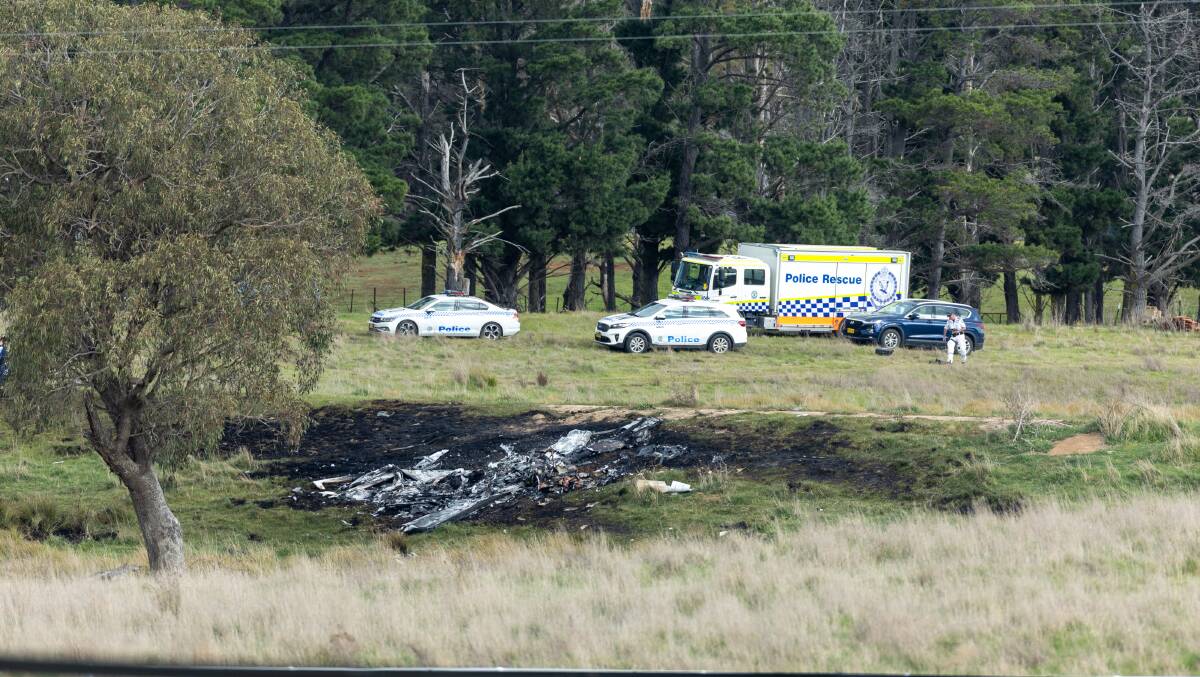 The scene of a fatal light plane crash on a property at Gundaroo on Friday afternoon. Picture by Gary Ramage
