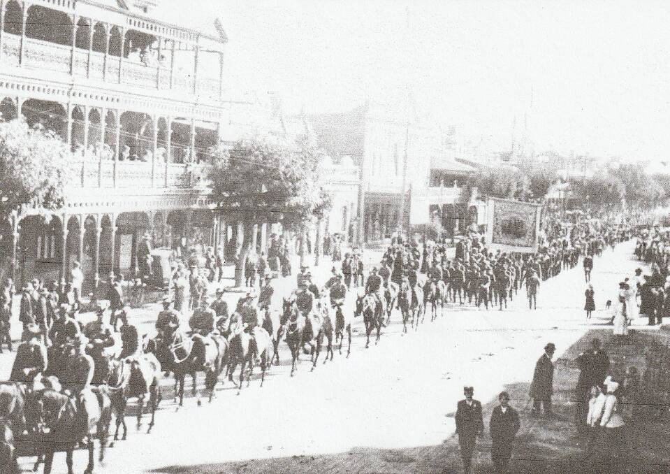 The 'March to Freedom' recruiting column passes along Peel St past the Royal Hotel (today's Target location) in May, 1918, en route to Newcastle. Picture supplied