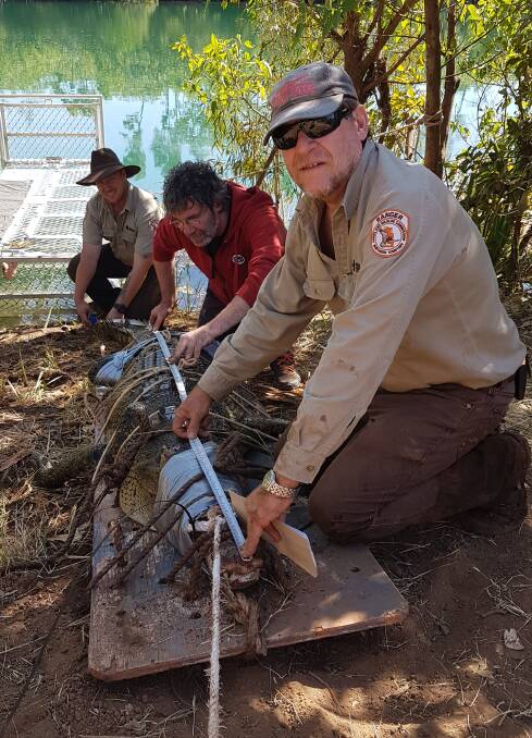 Parks ranger Dylan Isles, Bruce Barry and ranger Chris Heydon with the croc. Photo: NT Parks and Wildlife. 