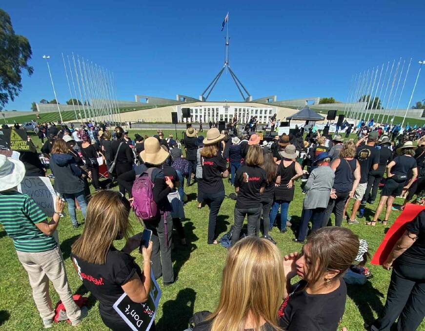 Protesters outside Parliament House on Monday.