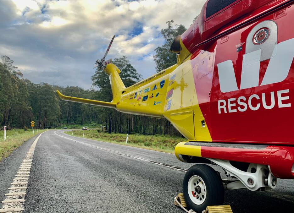 Emergency mission: The chopper on scene in Yarrowitch near Walcha on Thursday afternoon. Photo: Westpac Rescue Helicopter