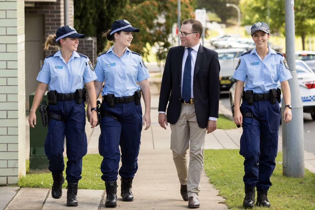 New job: Probationary Constables Claudia Gilmore, left, Tegan Smith, Northern Tablelands MP Adam Marshall and Samantha Petty outside Armidale Police Station earlier this month. Photo: Adam Marshall