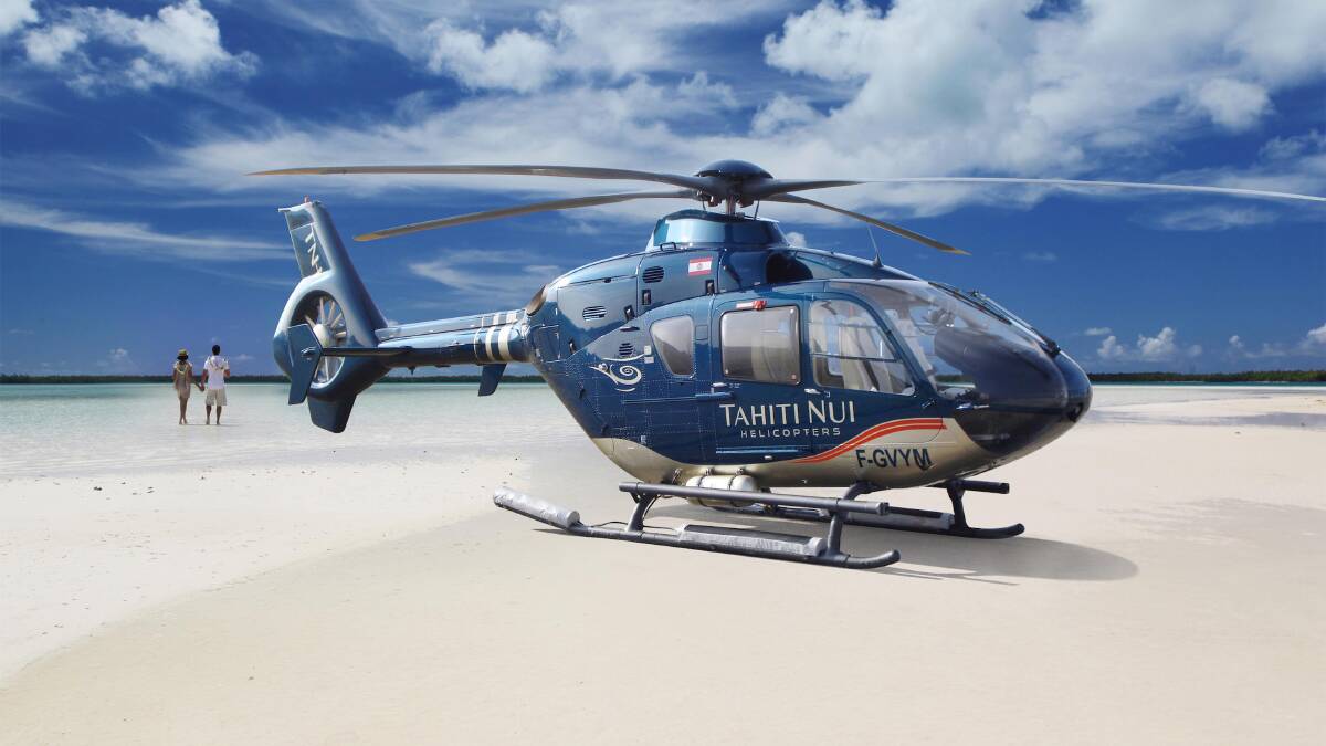 Air Tahiti Nui chopper on the beach at Tupai … a spectacular way to enjoy a visit to French Polynesia. 