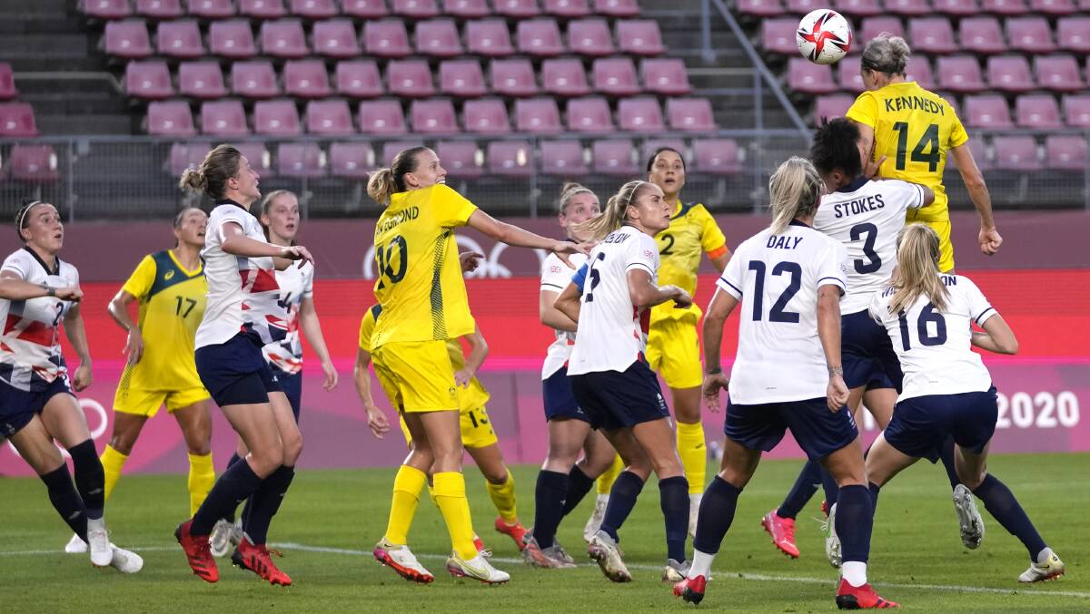 Alanna Kennedy scoring the Matildas' first goal in their 4-3 win over Great Britain in the Olympic quarter-finals. Picture: AAP