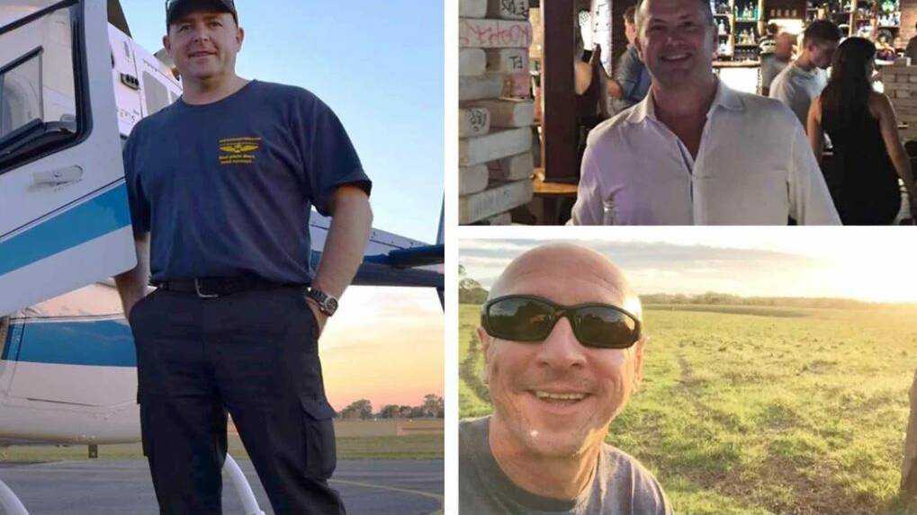 Pilot David Kerr, left, and his friends, Grant Kuhnemann, top, and Jamie Ogden are among the five feared dead.