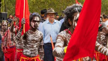 Prime Minister Anthony Albanese with Yolngu men during Garma Festival 2022. Picture: Getty Images