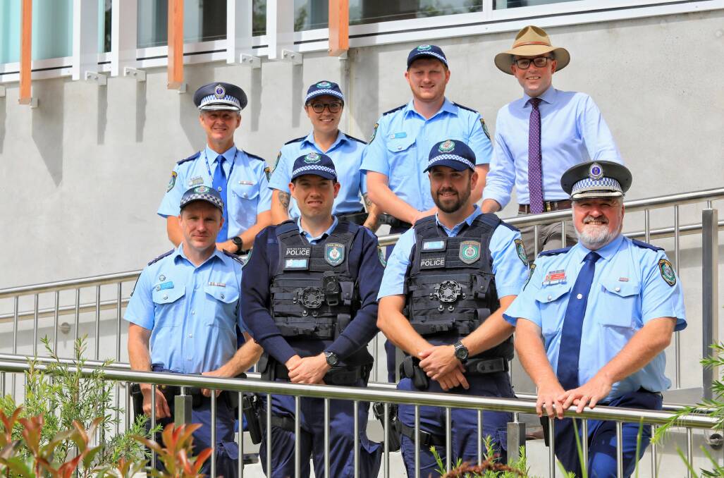 BEAT: New England Police Commander Superintendent Steve Laksa, Probationary Constables Maddison King (Inverell) and Chris Duncan (Moree), Northern Tablelands MP Adam Marshall. Front, New England Police District Education Officer Senior Constable Tom Grace, Probationary Constables Wade Goff (Armidale) and Phil McDonald (Inverell) and Inverell Officer in Charge Chief Inspector Rowan OBrien. Photo: Supplied
