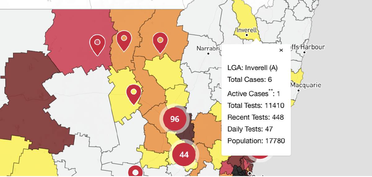 FALSE ALARM: An active case in Inverell currently showing up on NSW Health and NSW Government maps has been confirmed as an administrative error. Photo: NSW.gov.au website, September 10,2021.