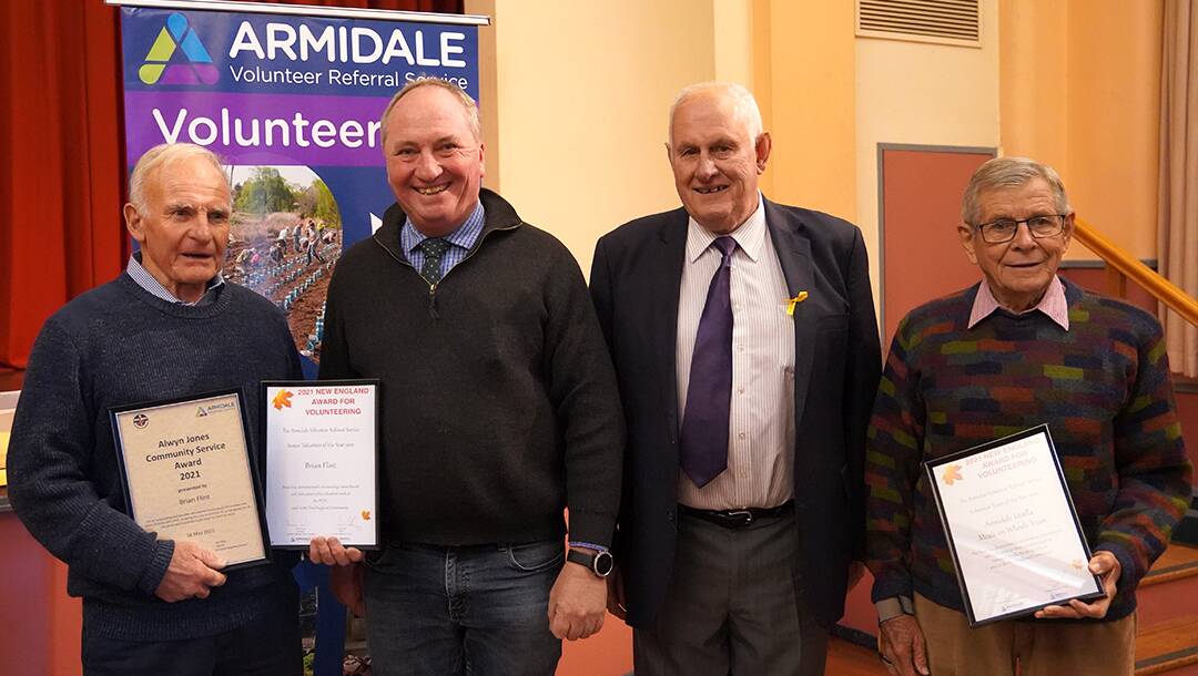 HEARTS OF GOLD: New England Volunteer Awards recipients. Brian Flint, Federal Member for New England Barnaby Joyce, Mayor Ian Tiley and Richard Mills on behalf of Armidale & Uralla Meals on Wheels, absent Bruce Stuart and Michael Keane. Photo supplied.