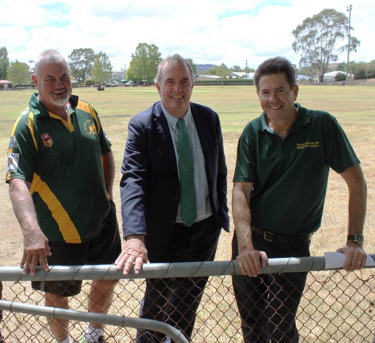MP Kevin Anderson with Andrew Cross and Walcha Mayor Eric Noakes at the Walcha Sportsground in 2018