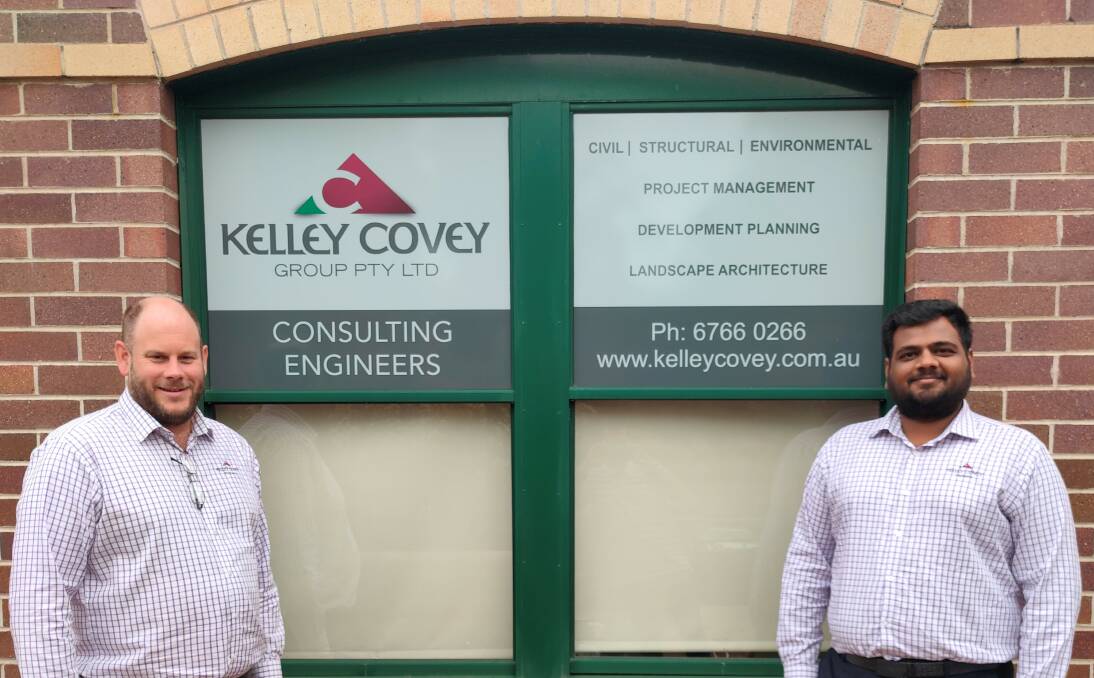 Kelley Covey Group manager Justin Cant and civil construction engineer Jay Patel outside the new Armidale office.