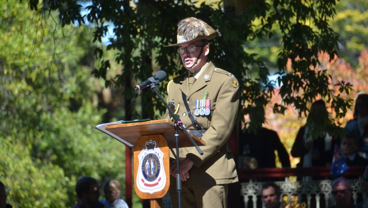 Major Andrew May addresses the crowd at the main Anzac Day service in Armidale