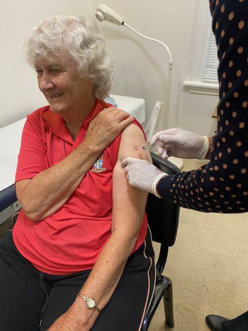 DIDN'T FEEL A THING: Irene Lockrey receives her first COVID-19 vaccination from Dr Maggie Day at the West Armidale Medical Centre on Tuesday. photo supplied.