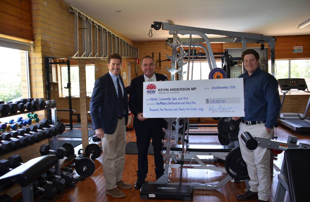 MP Kevin Anderson with Walcha mayor Eric Noakes and Walcha Council director of engineering Dylan Reeves in the current Walcha Community Gym space. The new building will be purpose built to carry the heavy eight equipment and provide space for group exercise classes