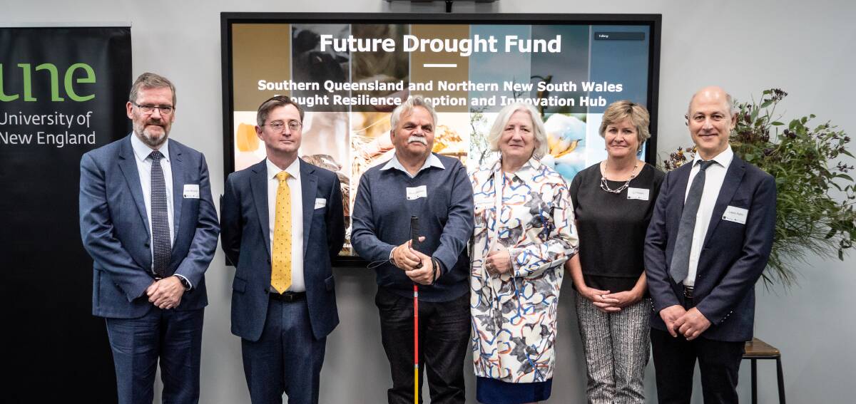 DROUGHT PROOFERS: Attending the launch of the Armidale Node of the Southern Queensland and Northern NSW Drought Hub, Hub leader Professor John McVeigh from the University of Southern Queensland; Mr Lloyd Thomson, Director, Business Development and Commercialisation for UNE's Faculty of Science, Agriculture, Business and Law (SABL); Anaiwan representative Steve Widders; UNE VC, Professor Brigid Heywood; Lu Hogan, Manager of the Drought Hub's Armidale Node; and Professor Lewis Kahn, SABL Associate Dean - Research. Picture: supplied.