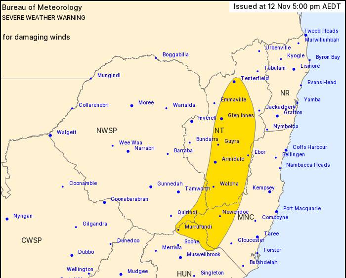 Map issued by BoM on Friday showing the area affected by strong winds in yellow.