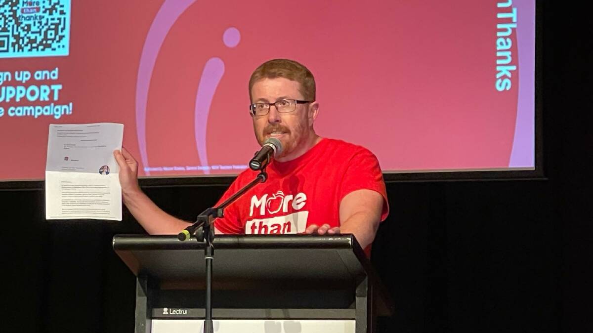 Armidale Teachers' Association president Michael Sciffer addresses the rally in Tamworth on Wednesday. Picture: supplied.