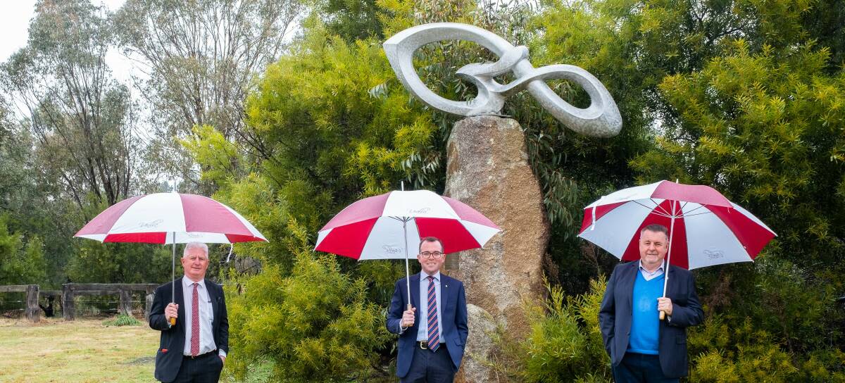 The sky is the limit for the parkland known as 'The Glen' at Uralla, with Uralla Shire Council Director Infrastructure and Development Terry Seymour, left, Northern Tablelands MP Adam Marshall and Mayor Michael Pearce welcoming the approval of the Constellations of the South sculpture project for funding under the NSW Government's Public Spaces Legacy Program. Photo supplied.