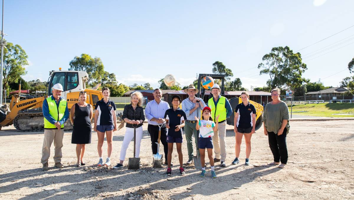 Formally commencing construction on the $600,000 new Armidale District Netball Association courts, Armidale Regional Council Deputy Mayor Debra O'Brien, left, Sports Build CEO Craig Morris, Director Jeremy Blanch, Deputy Premier John Barilaro, junior netball player Alexis Lockwood, Northern Tablelands MP Adam Marshall, Armidale District Netball Association Coaching Co-ordinator Rochelle Joyce, Ella Lockwood, Lucy and Sophie Young and Sports Build Senior Project Manager Graham Cooper.