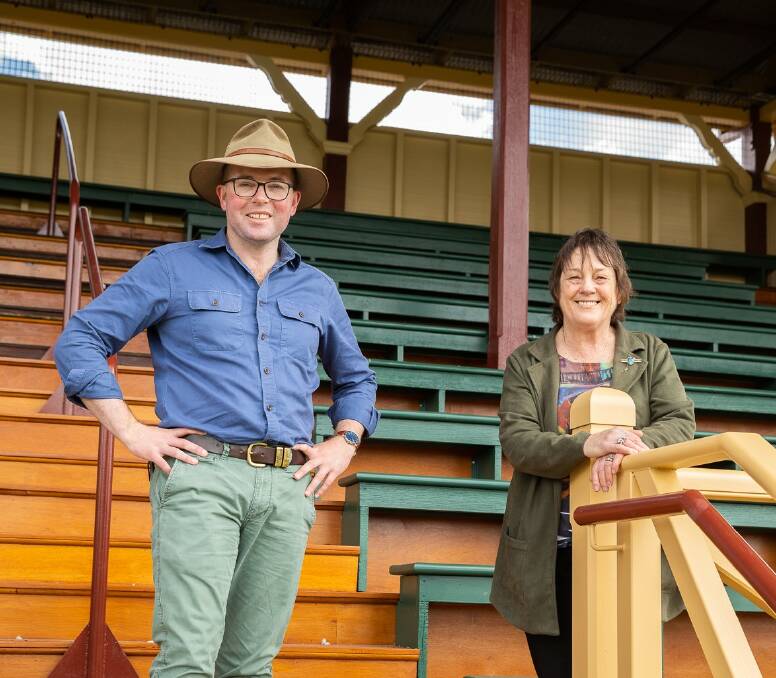 Northern Tablelands MP Adam Marshall with Armidale Showground Trust Chair June Dangar stand in the soon to be demolished timber grandstand