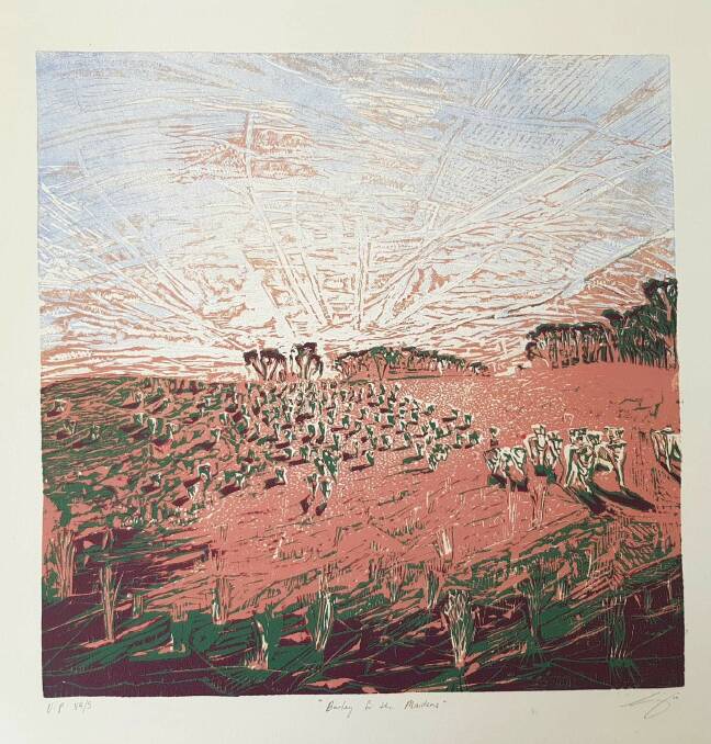 Barley for the Maidens" 35x35cm reduction linocut on fabriano, unique print 