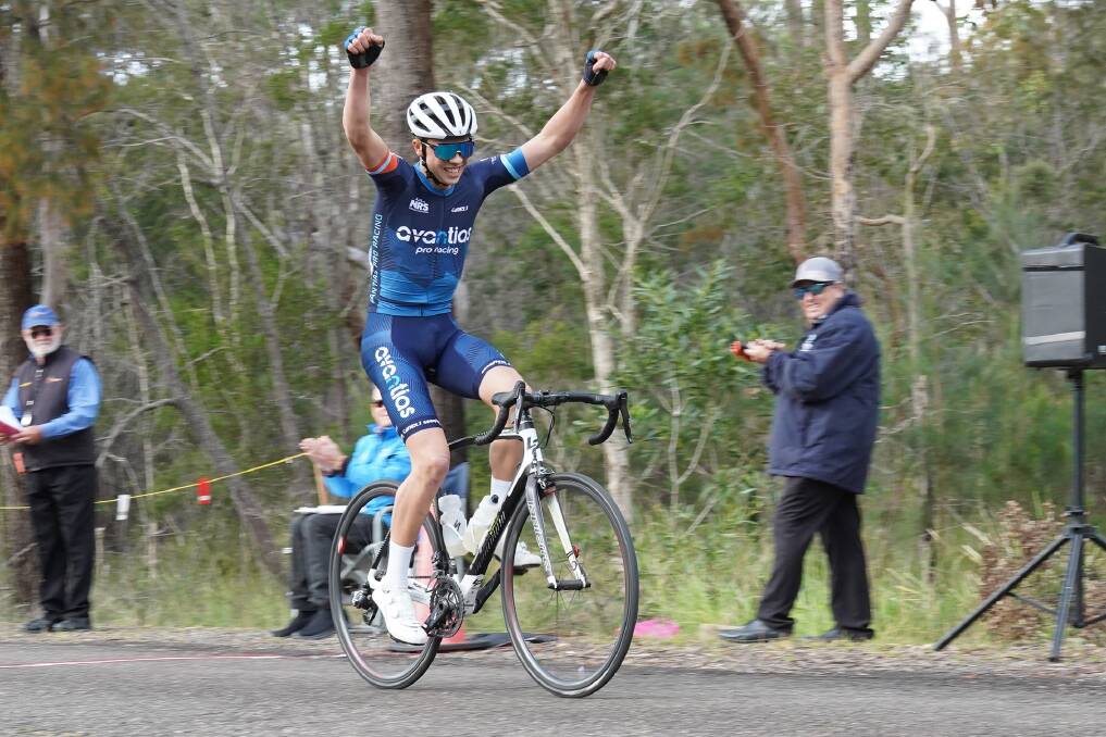 V IS FOR VICTORY: Toby Inglis crosses the line to take out the under 17s 65km individual road race at Port Macquarie last week. Photo Rob Lloyd