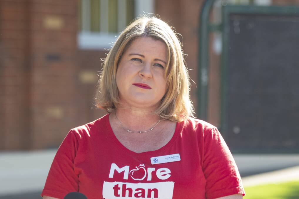 STRIKE: Region organiser Katie Sullivan said the union's "more than thanks" campaign wasn't going to stop until teachers got change. Photo: Peter Hardin 