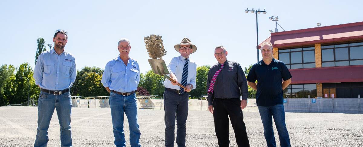 Turning the first ceremonial sod of soil today to officially commence construction on the new $7 million Armidale SerVies Motel this morning, Rice Constructions Sam Rice, left, Nick Rice, Northern Tablelands MP Adam Marshall, Armidale SerVies Club CEO Scott Sullivan and Vice President Mark Bullen