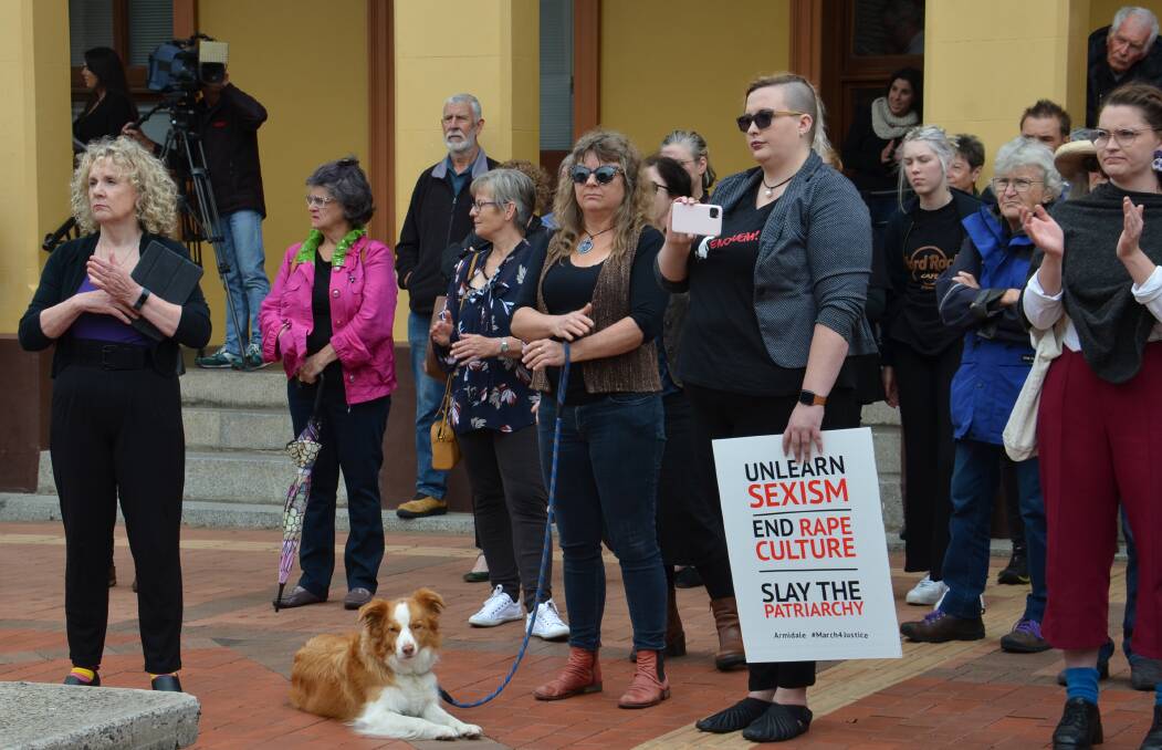 NO STOPPING NOW: Armidale March4 Justice organiser Bobbijo Harrison ( with placard) at Monday's event. Photo Vanessa Arundale.