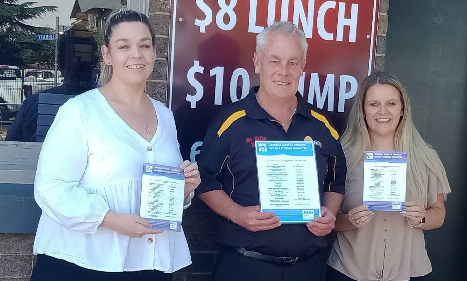 Terri King and Kristy Palmer from the Armidale Domestic and Family Violence Steering Committee thank David Barraclough from the St Kilda Hotel for his support. Photo supplied.