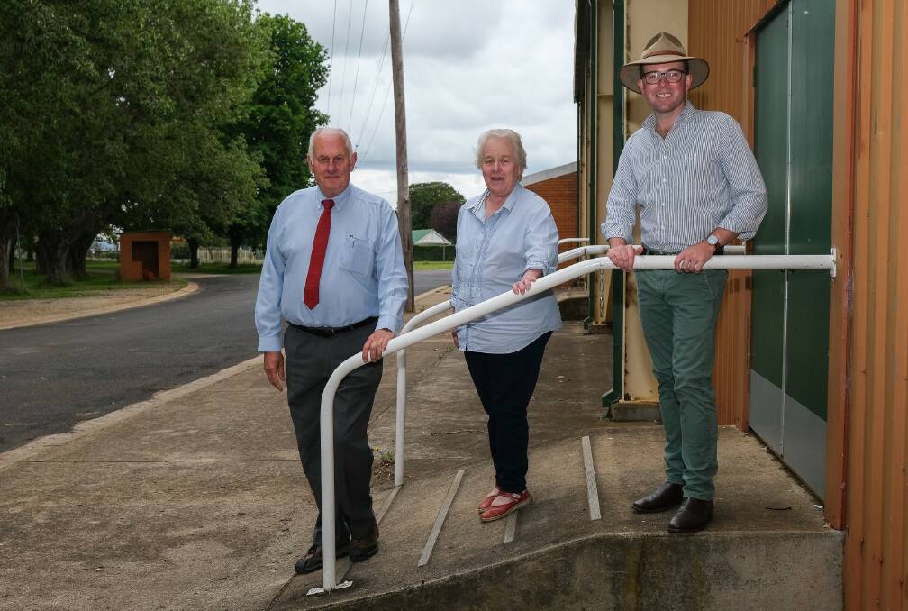 MIND YOUR STEP: Armidale Regional Council Mayor Ian Tiley, left, Guyra Show Society Secretary Dorothy Lockyer and Northern Tablelands MP Adam Marshall discussing the pending access upgrades at the Guyra Community Hall. Photo supplied.